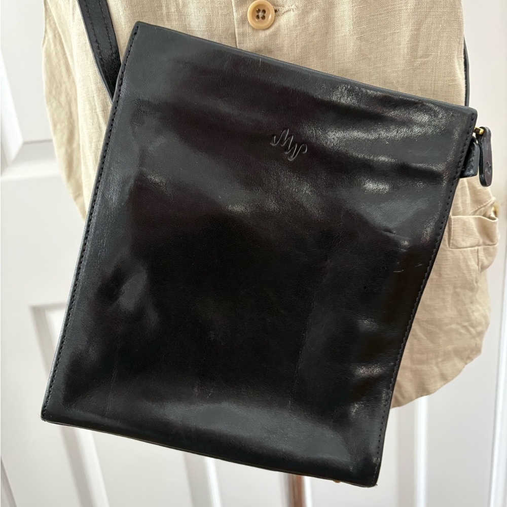 Monsac Glossy Black leather Crossbody Bag